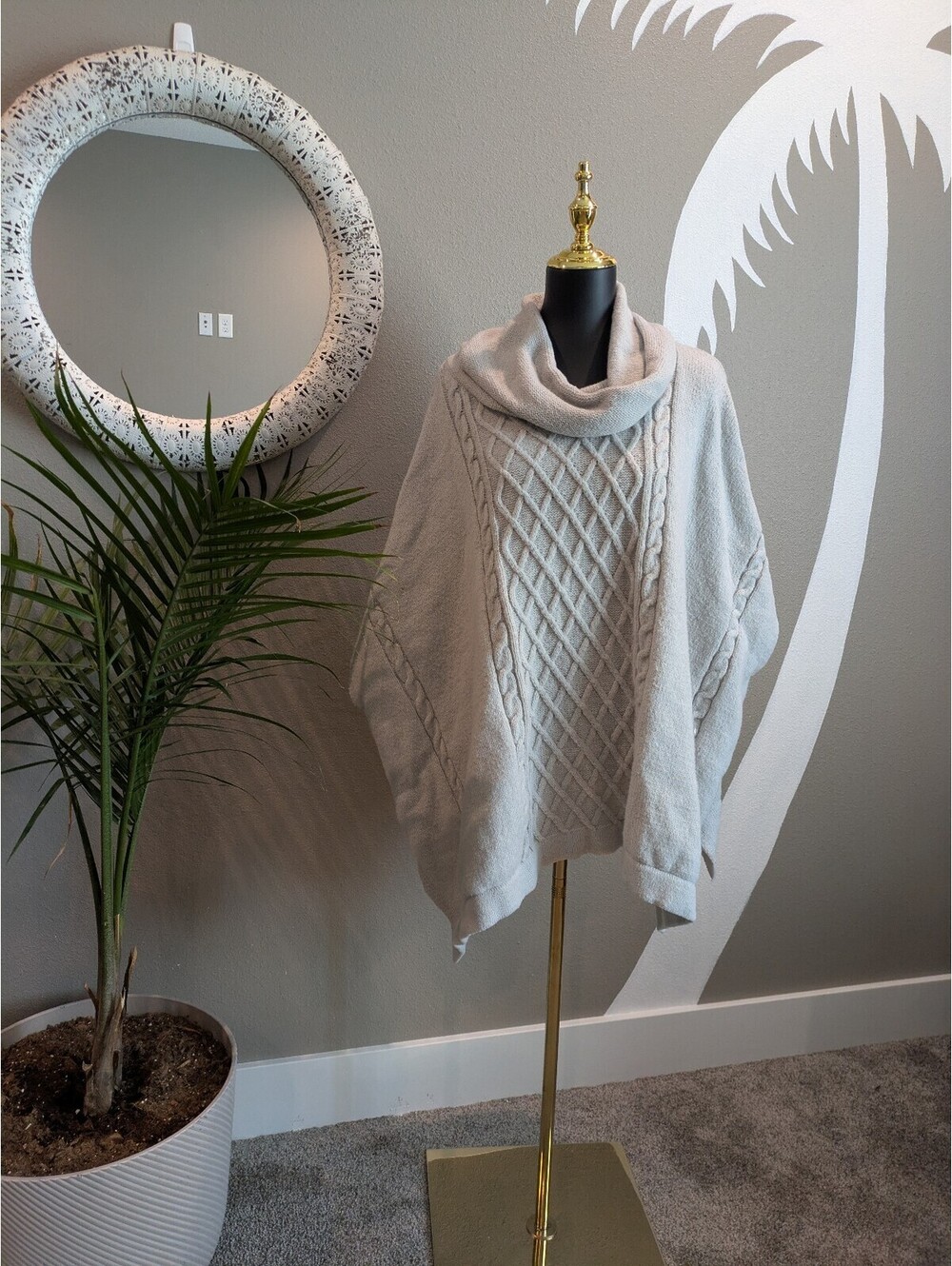 Cozy Cream Cable Knit Poncho Sweater with Cowl Neck